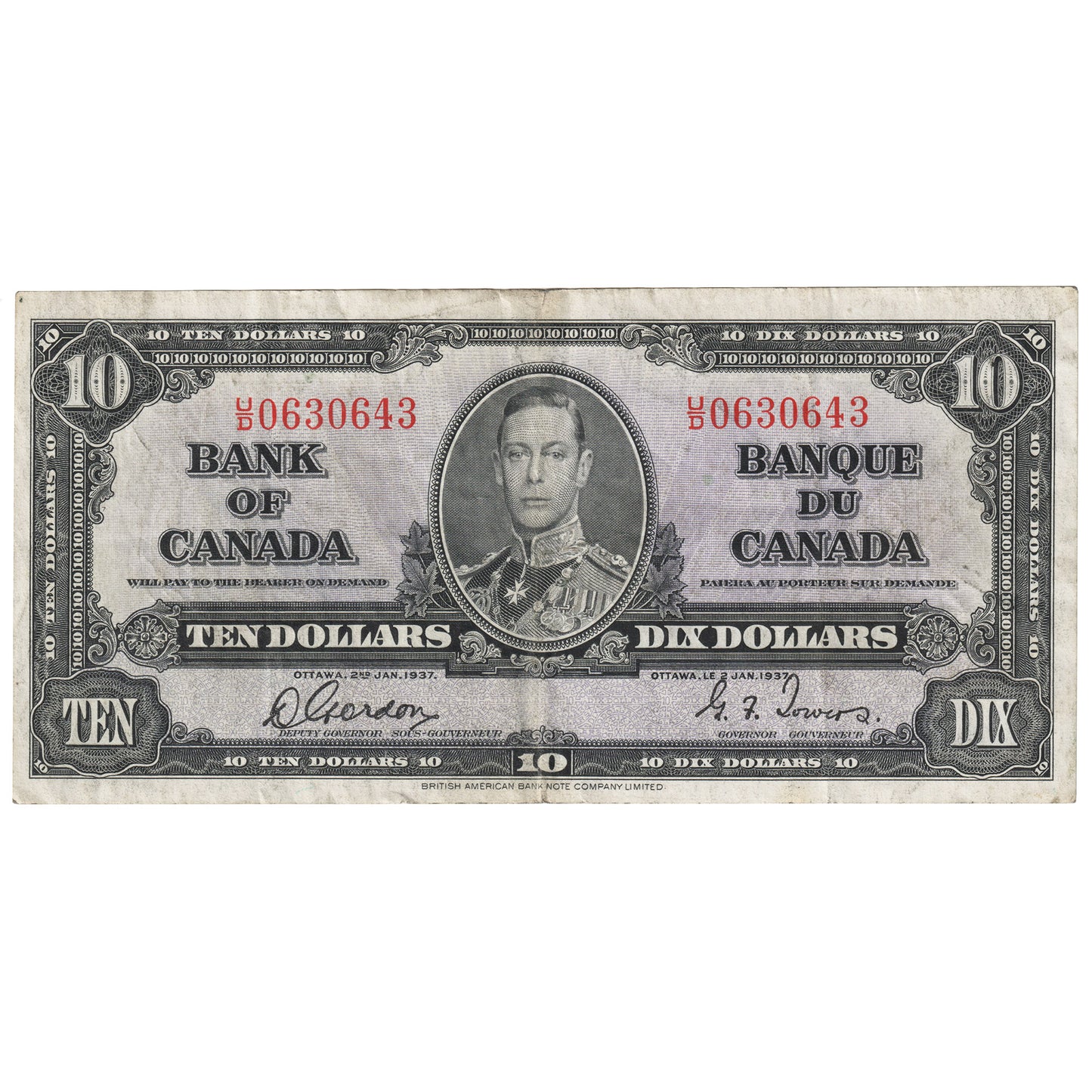 BC-24b 1937 Canada $10 Gordon-Towers, U/D, VF-EF