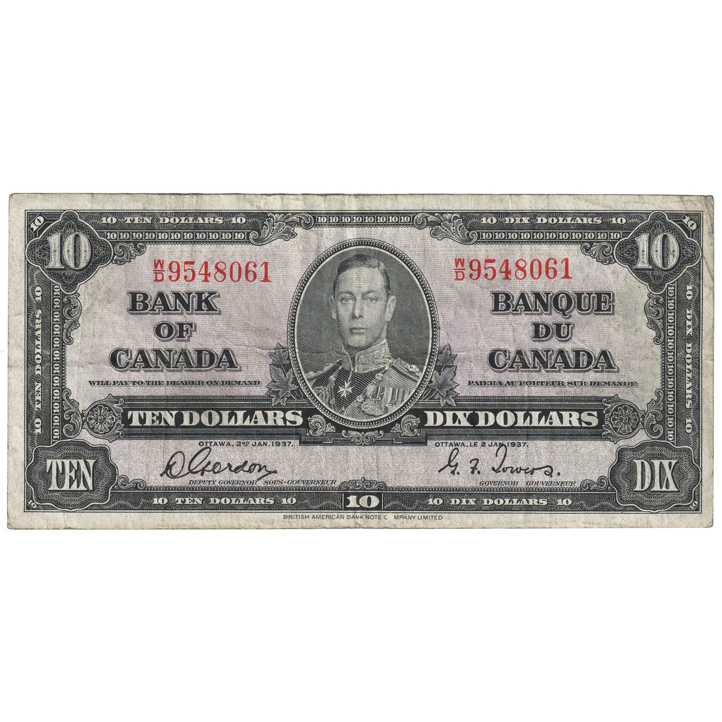 BC-24b 1937 Canada $10 Gordon-Towers, W/D, F-VF