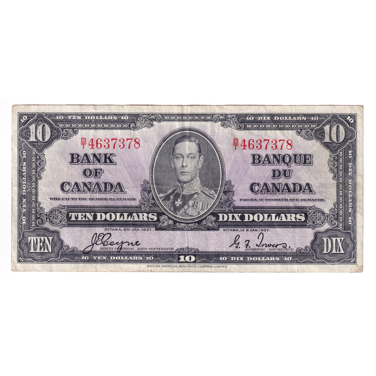BC-24c 1937 Canada $10 Coyne-Towers, B/T, F-VF