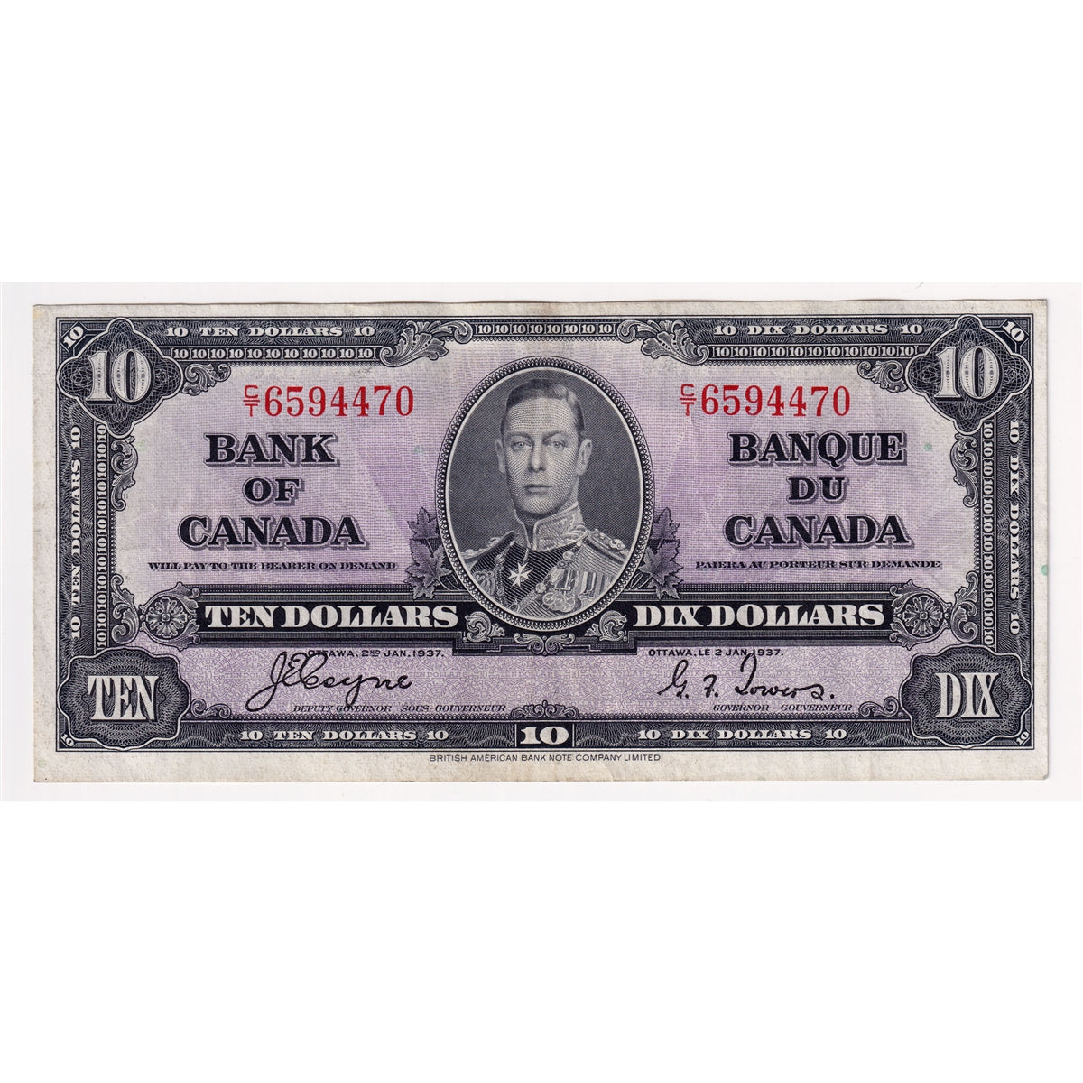 BC-24c 1937 Canada $10 Coyne-Towers, C/T, VF-EF
