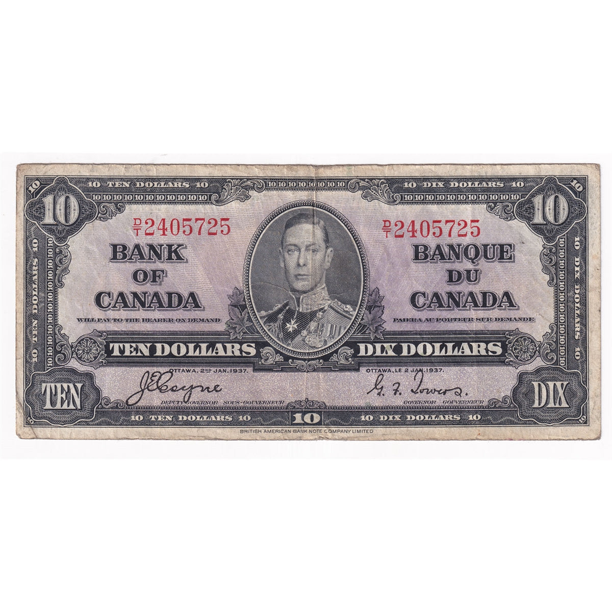 BC-24c 1937 Canada $10 Coyne-Towers, D/T, F
