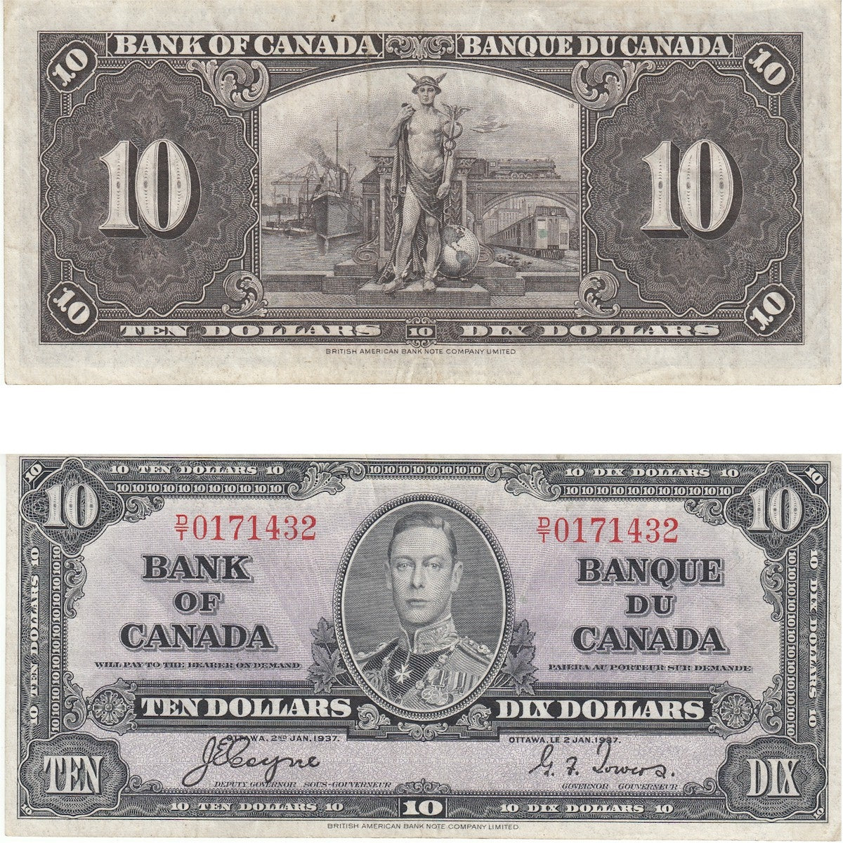 BC-24c 1937 Canada $10 Coyne-Towers, D/T, F-VF