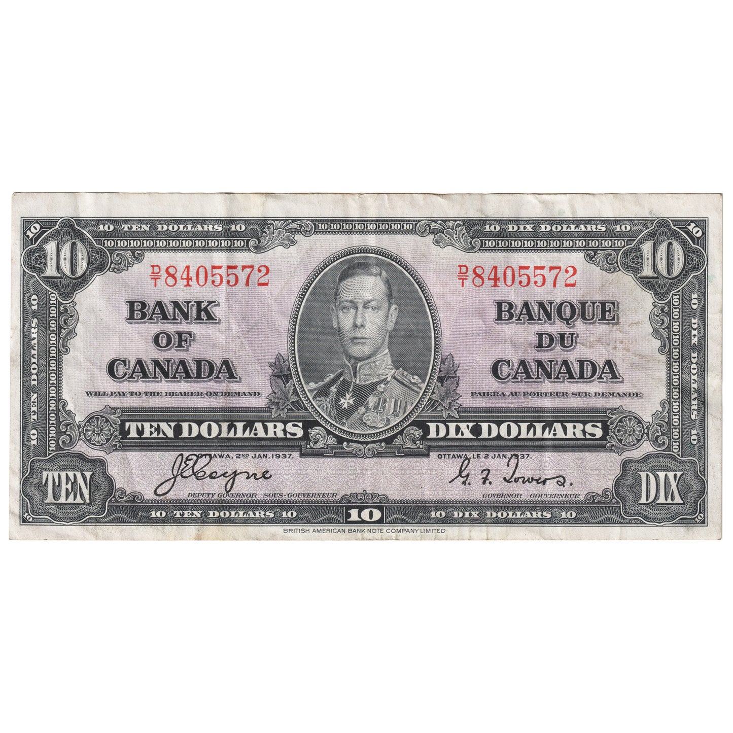 BC-24c 1937 Canada $10 Coyne-Towers, D/T, VF-EF