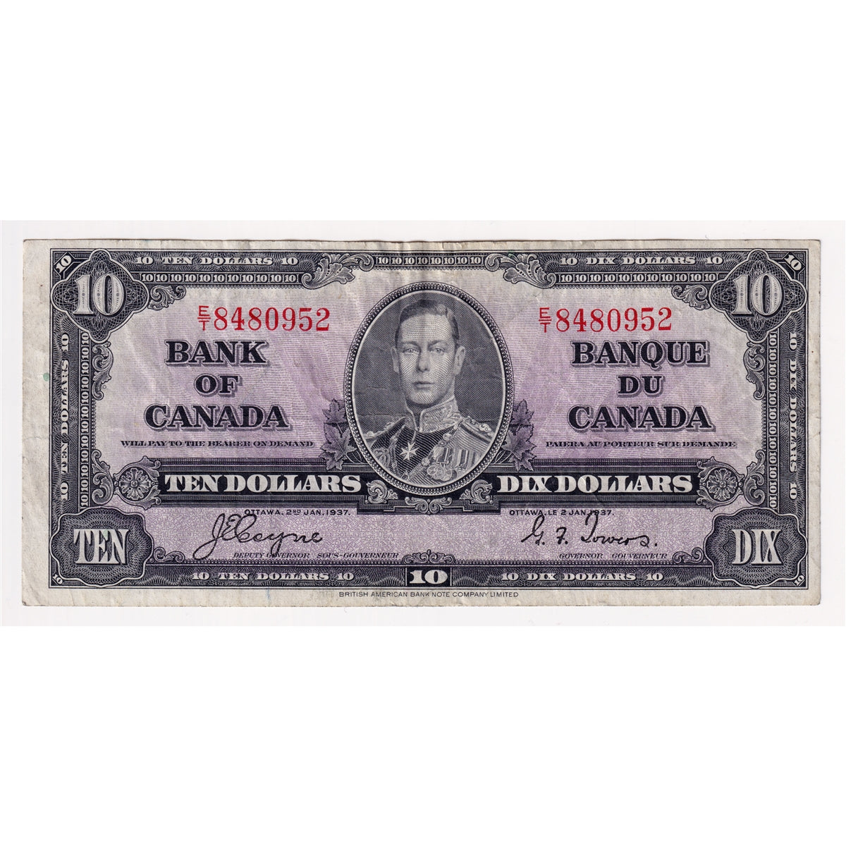 BC-24c 1937 Canada $10 Coyne-Towers, E/T, VF