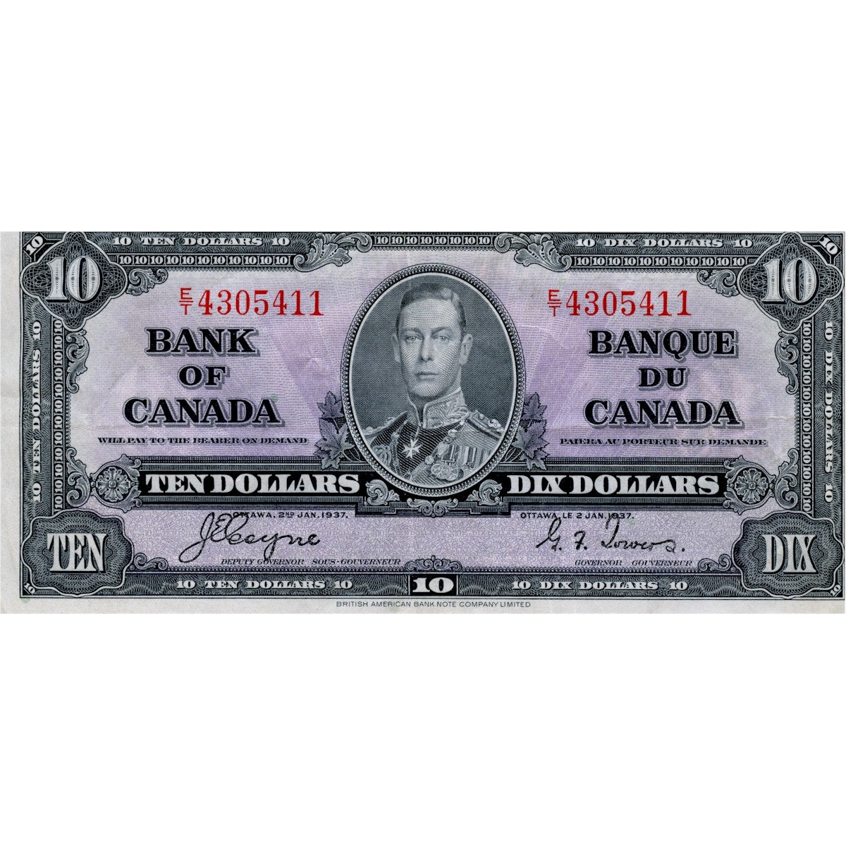 BC-24c 1937 Canada $10 Coyne-Towers, E/T, VF-EF