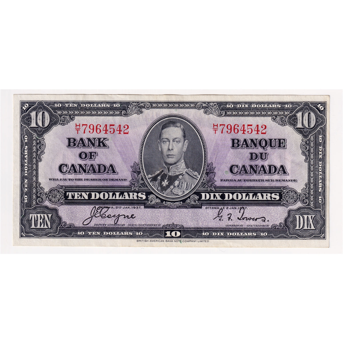 BC-24c 1937 Canada $10 Coyne-Towers, H/T, EF