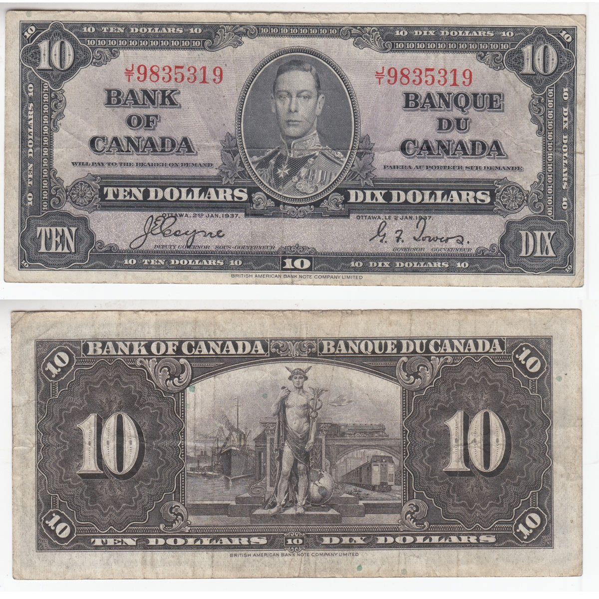 BC-24c 1937 Canada $10 Coyne-Towers, J/T, F-VF
