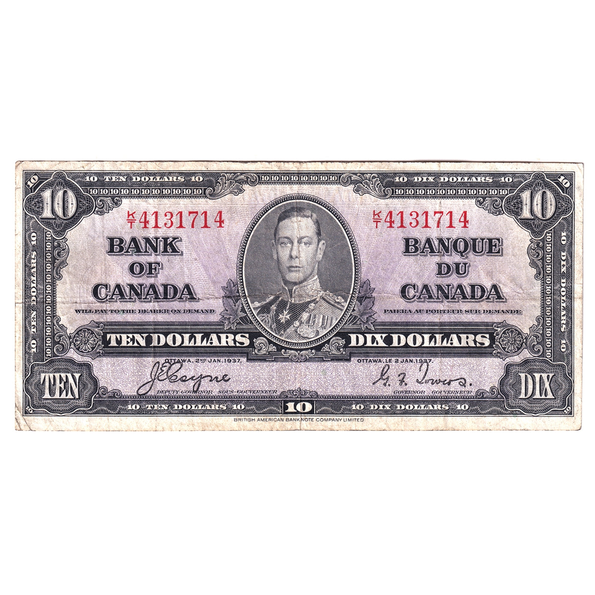 BC-24c 1937 Canada $10 Coyne-Towers, K/T, F