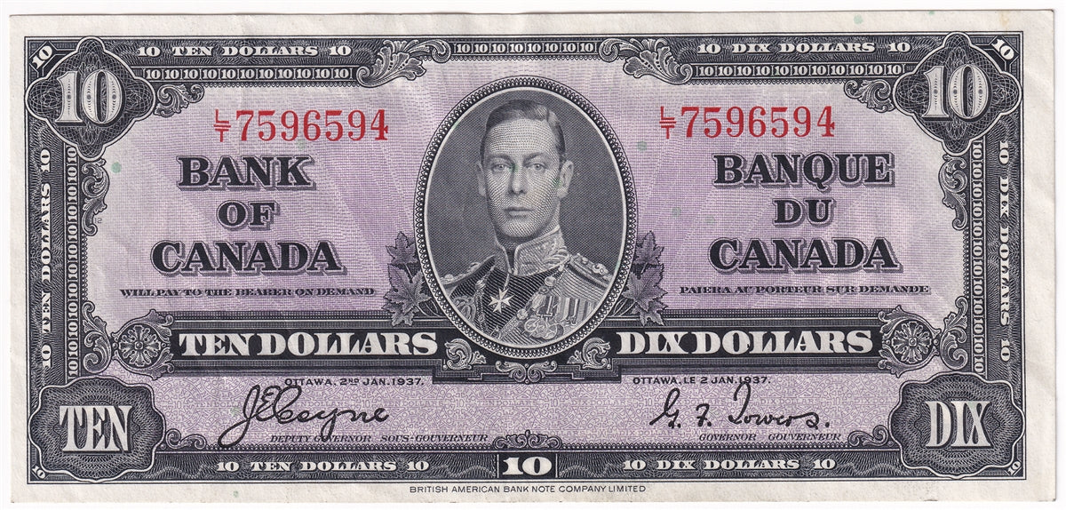 BC-24c 1937 Canada $10 Coyne-Towers, L/T, VF-EF