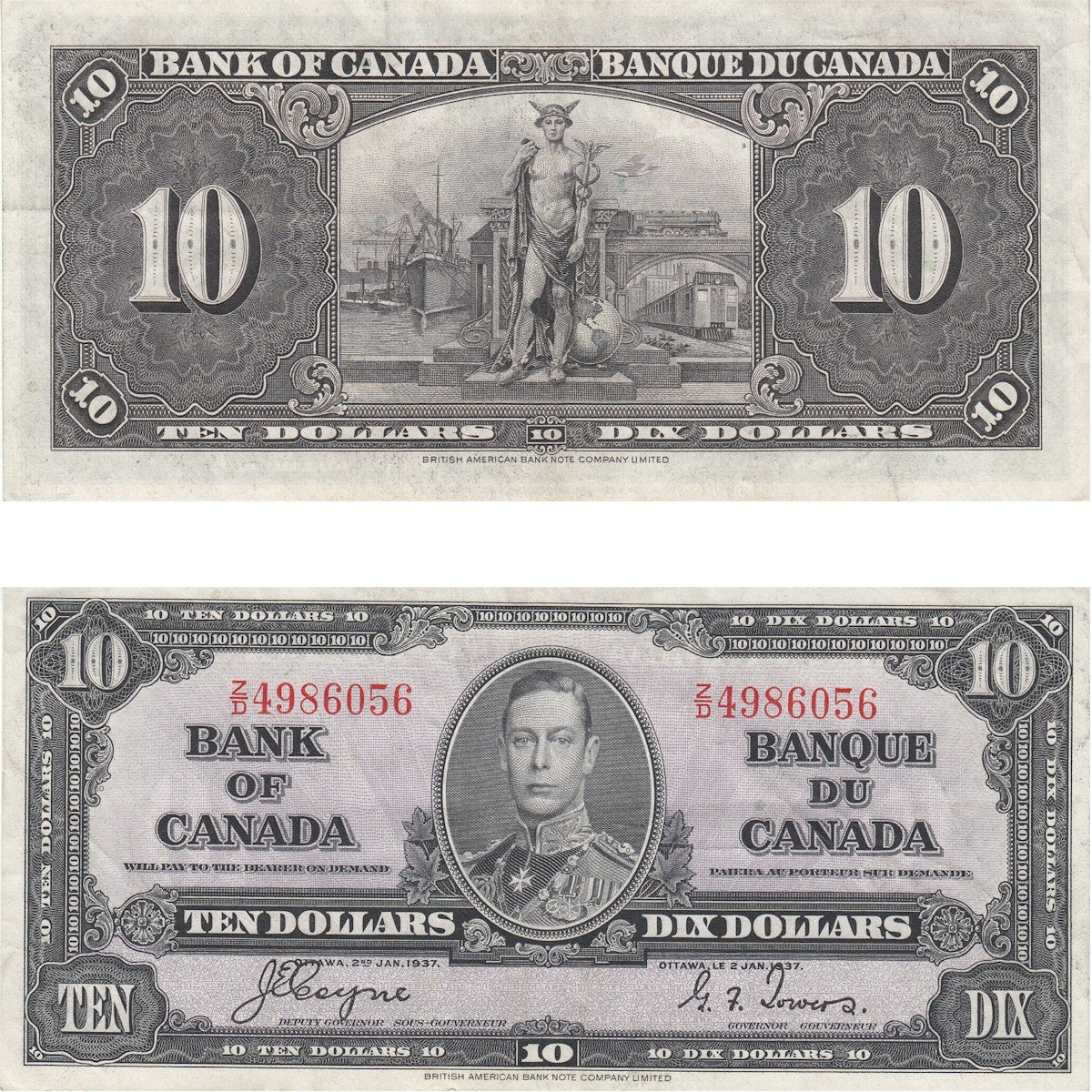 BC-24c 1937 Canada $10 Coyne-Towers, Z/D, Extra Fine (EF40)