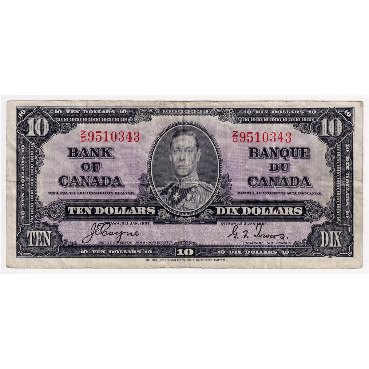 BC-24c 1937 Canada $10 Coyne-Towers, Z/D, F-VF