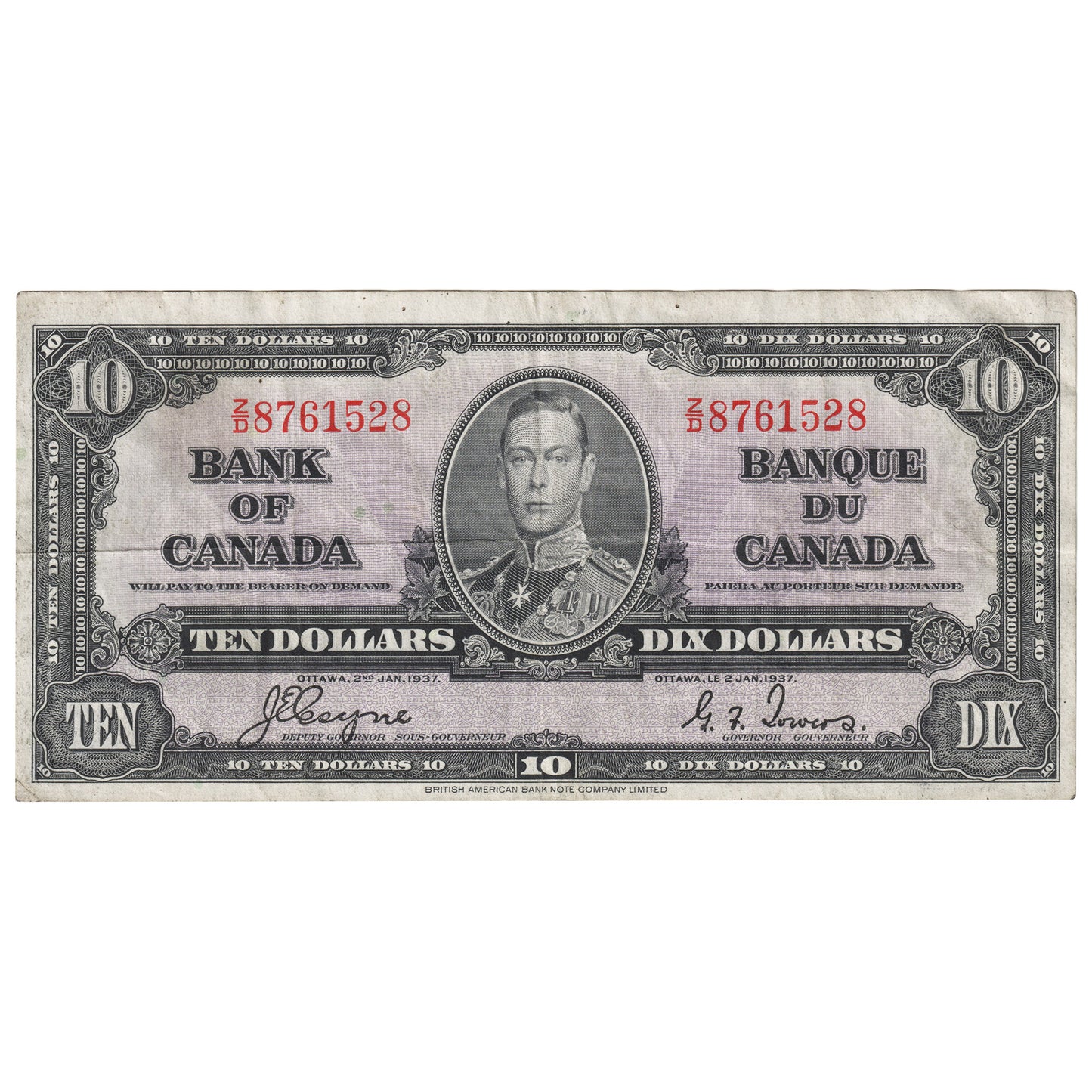 BC-24c 1937 Canada $10 Coyne-Towers, Z/D, VF-EF