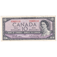 BC-40b 1954 Canada $10 Beattie-Rasminsky, D/V, Almost Uncirculated (AU50)