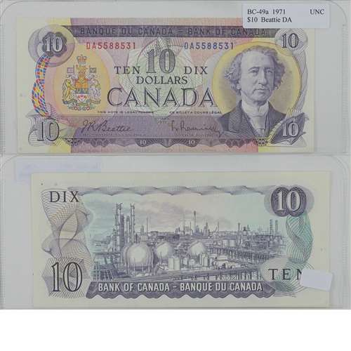 BC-49a 1971 Canada $10 Beattie-Rasminsky, DA, Uncirculated (MS60)