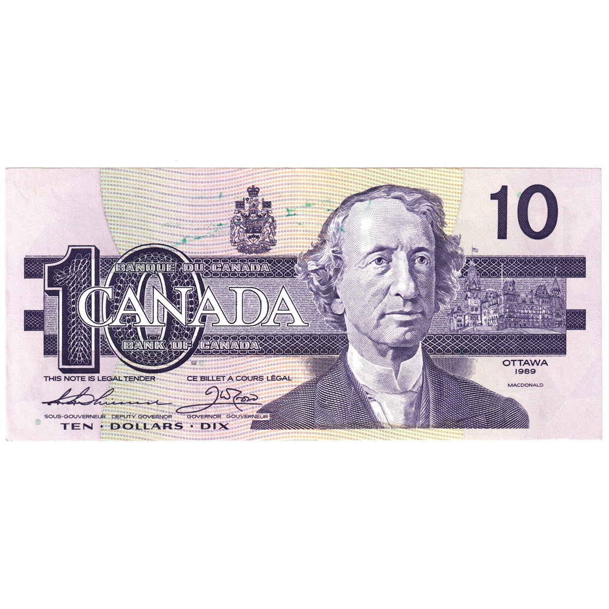 BC-57a 1989 Canada $10 Thiessen-Crow, ATT, Almost Uncirculated (AU50)