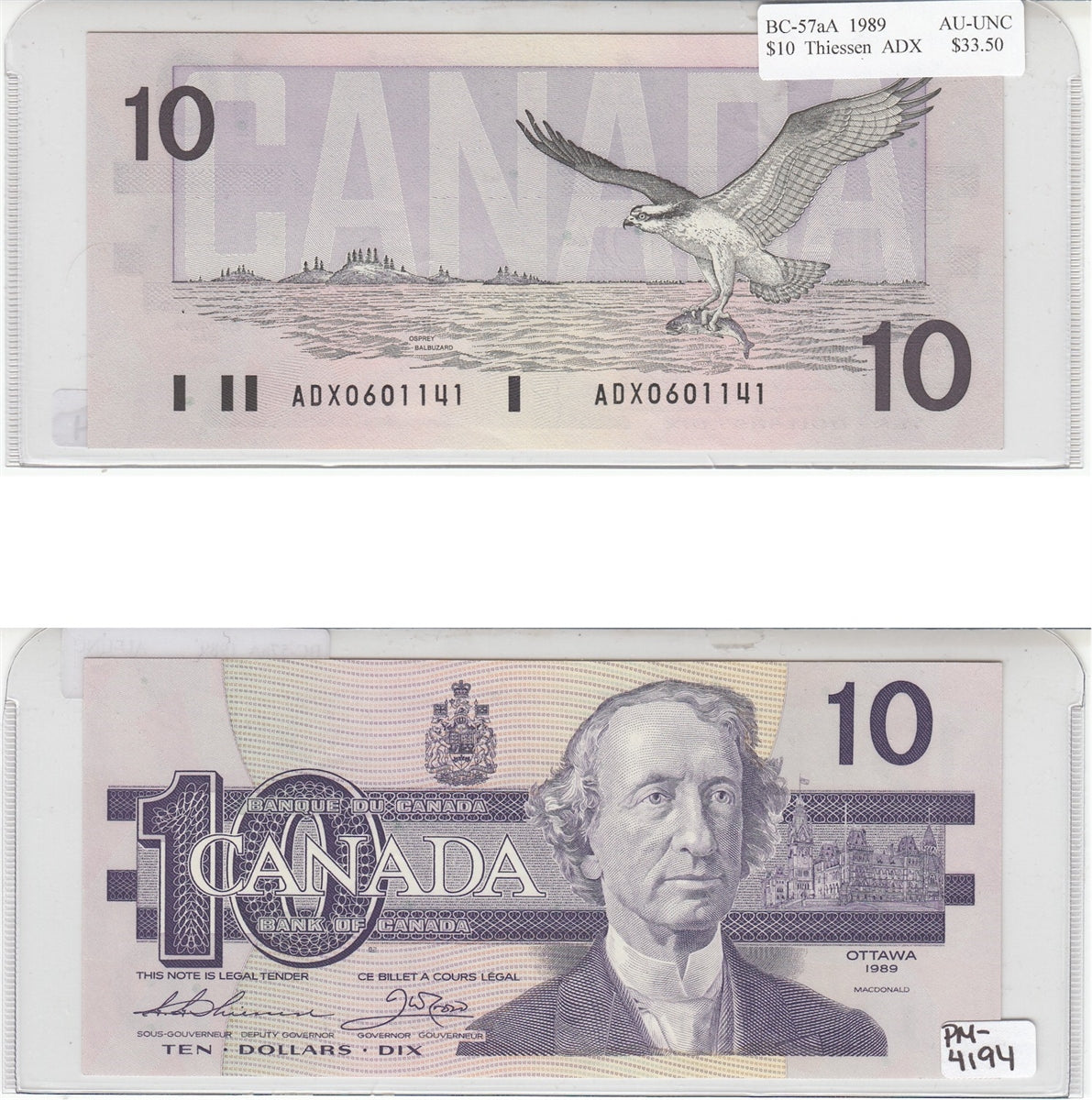 BC-57aA 1989 Canada $10 Thiessen-Crow, ADX, AU-UNC (AU55)