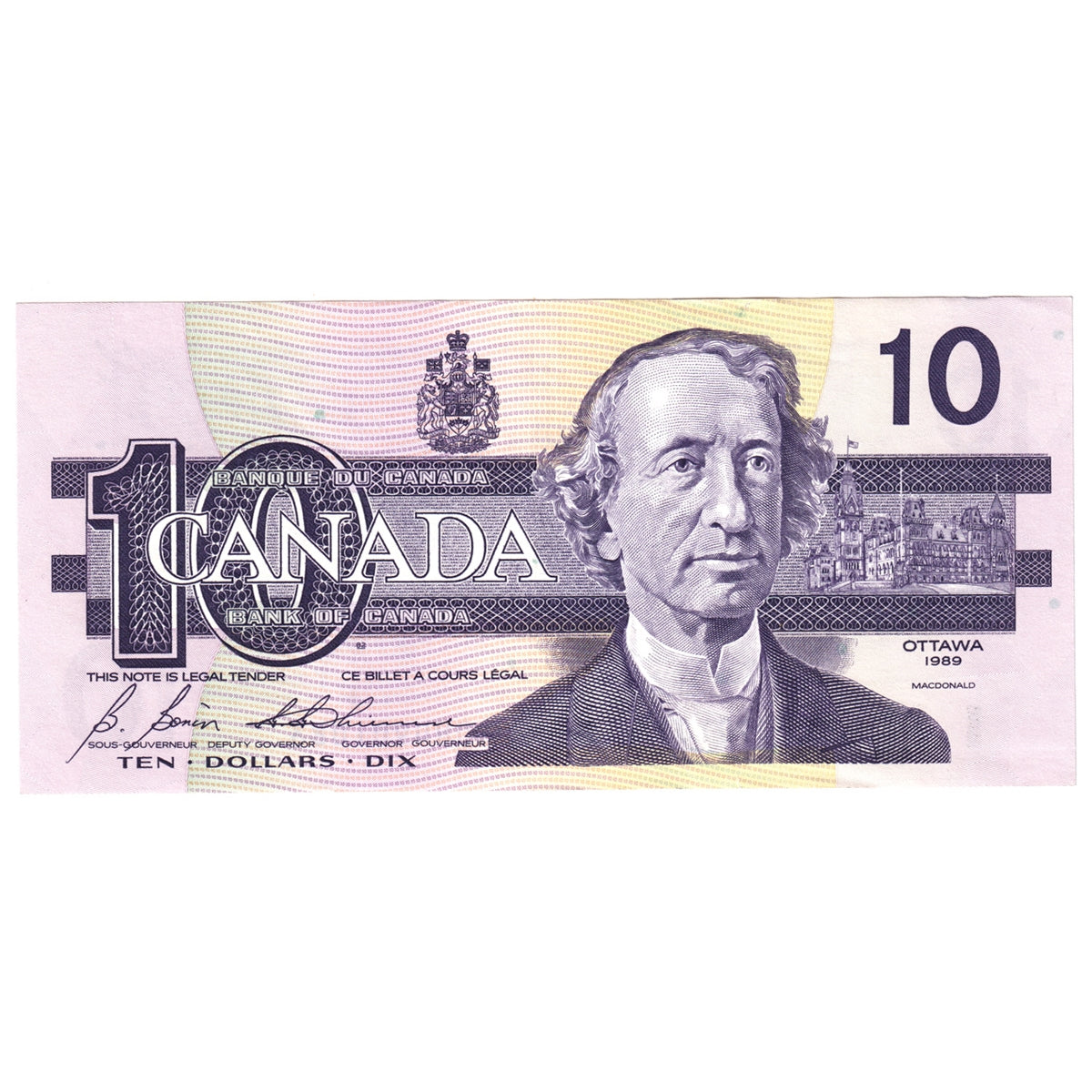 BC-57b 1989 Canada $10 Bonin-Thiessen, BDH, Almost Uncirculated (AU50)