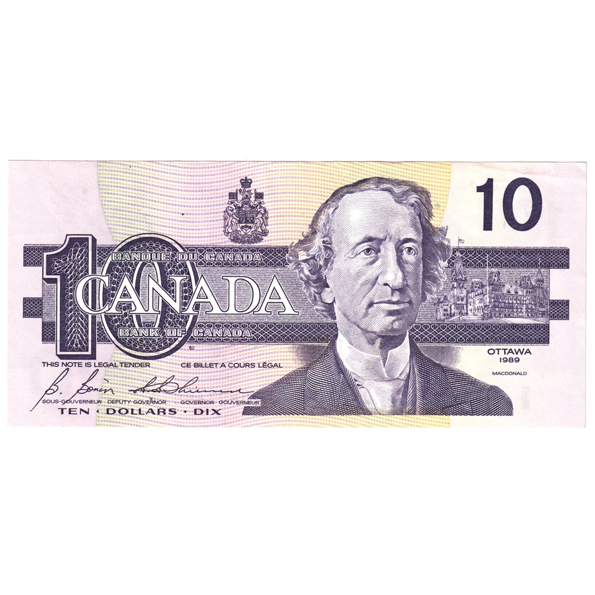BC-57b 1989 Canada $10 Bonin-Thiessen, BDN, Almost Uncirculated (AU50)