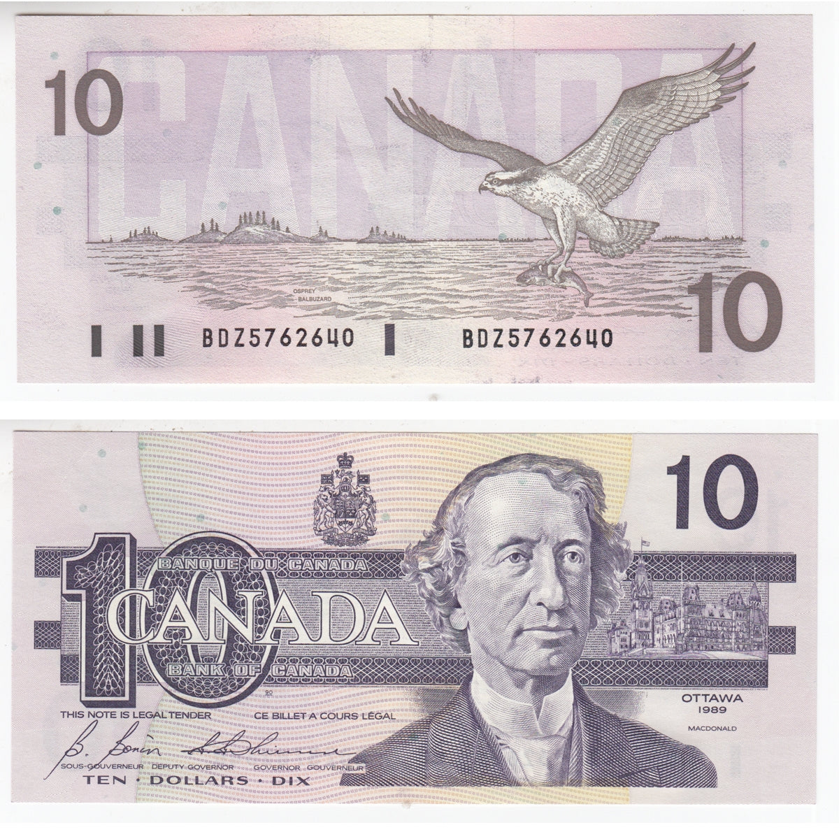 BC-57b 1989 Canada $10 Bonin-Thiessen, BDZ, Almost Uncirculated (AU50)