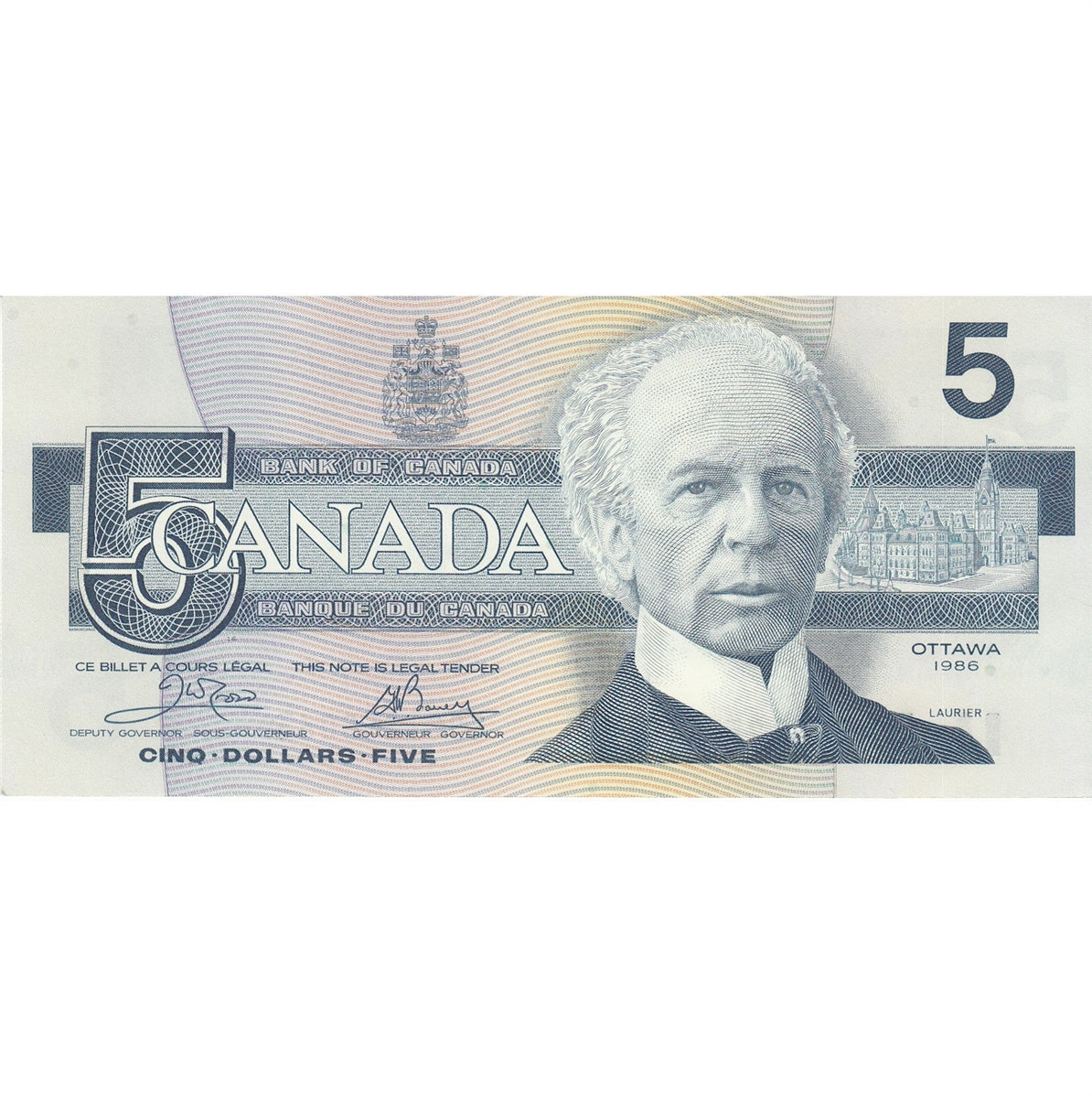 BC-56a-i 1986 Canada $5 Crow-Bouey, EOS, AU-UNC (AU55)