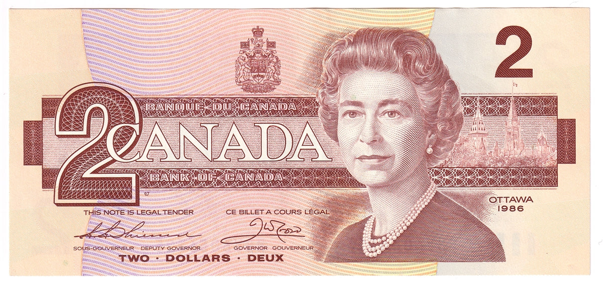 BC-55b 1986 Canada $2 Thiessen-Crow, BBV, Almost Uncirculated (AU50)