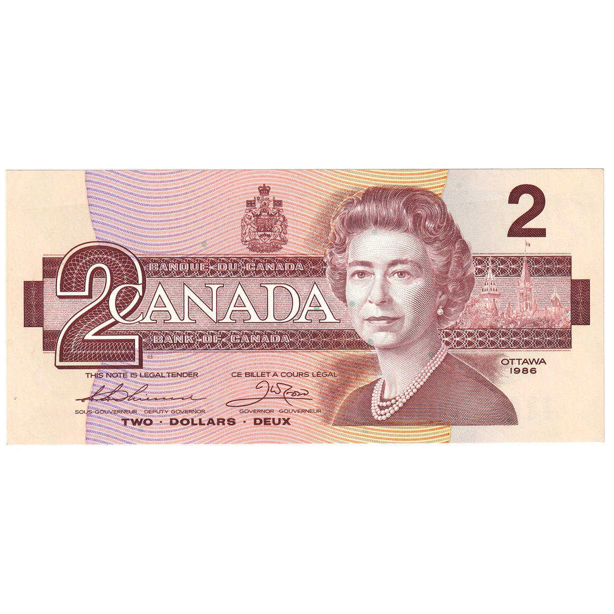 BC-55b 1986 Canada $2 Thiessen-Crow, BGW, Almost Uncirculated (AU50)