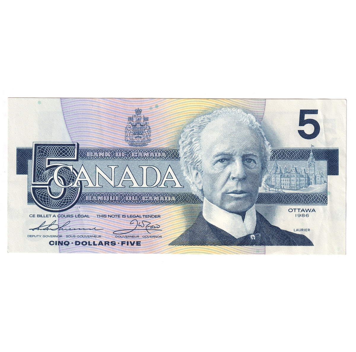 BC-56b 1986 Canada $5 Thiessen-Crow, FNU, Almost Uncirculated (AU50)