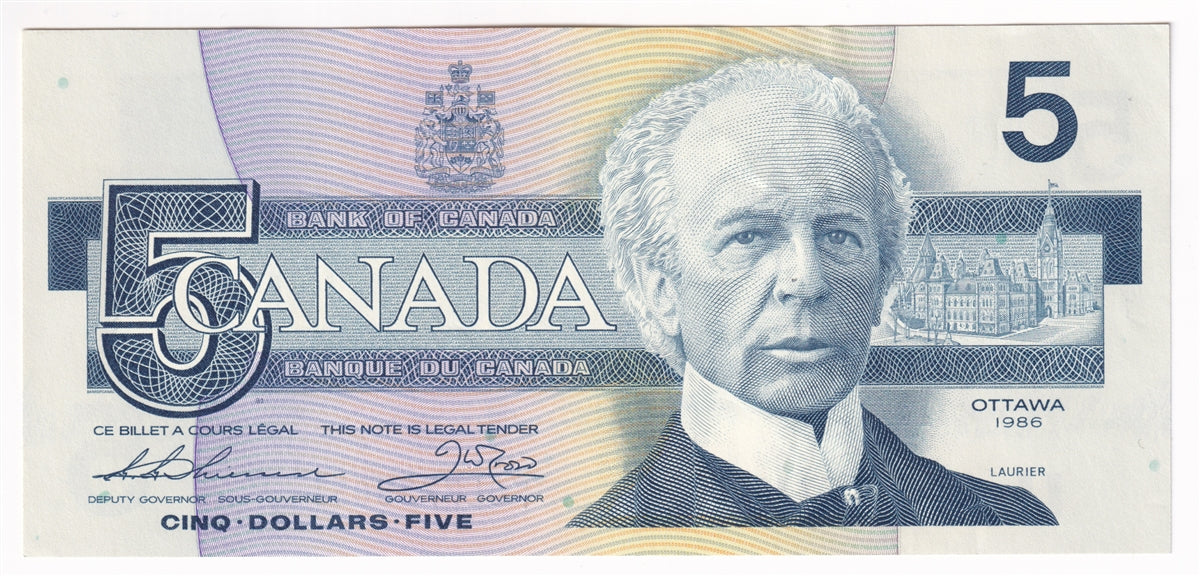 BC-56b 1986 Canada $5 Thiessen-Crow, FOL, Almost Uncirculated (AU50)