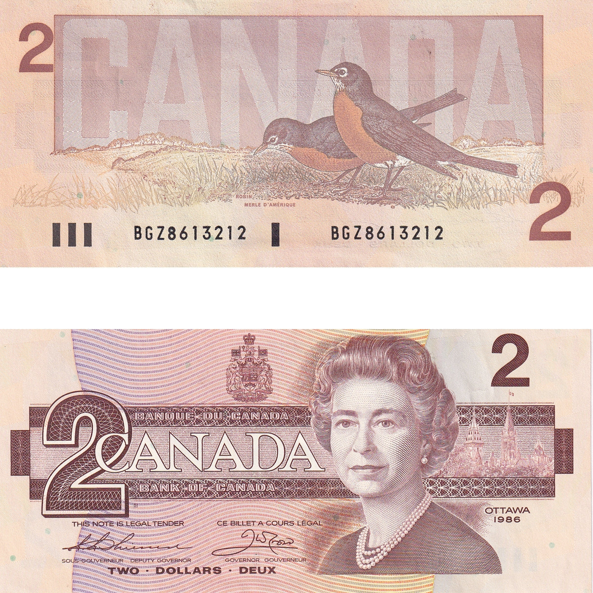 BC-55b 1986 Canada $2 Thiessen-Crow, BGZ, Almost Uncirculated (AU50)