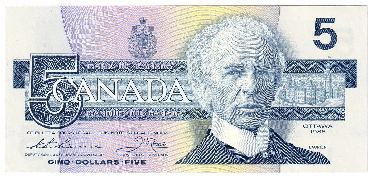 BC-56b 1986 Canada $5 Thiessen-Crow, FOH, AU-UNC (AU55)