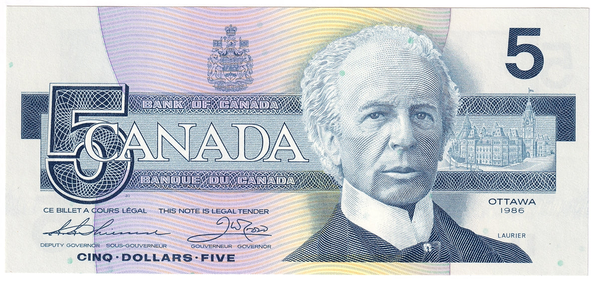 BC-56bA 1986 Canada $5 Thiessen-Crow, FNX Above 7.08M, Choice Uncirculated (CUNC63)