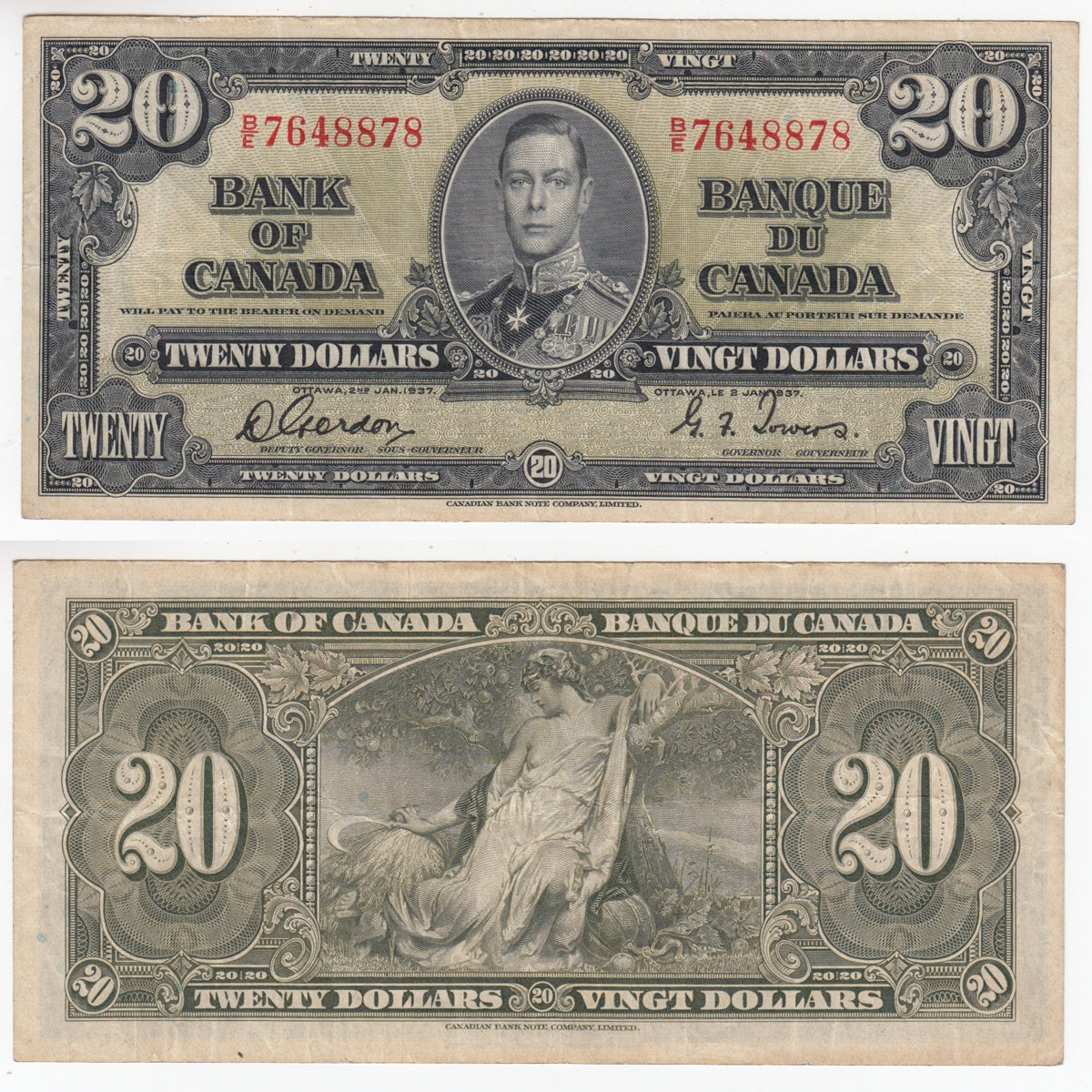BC-25b 1937 Canada $20 Gordon-Towers, B/E, VF