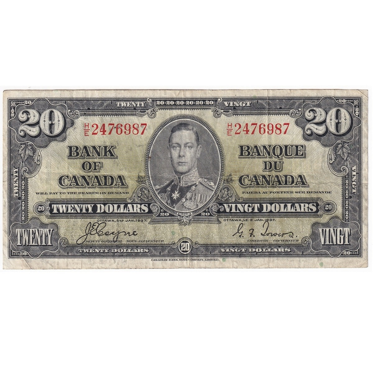 BC-25c 1937 Canada $20 Coyne-Towers, H/E, VF