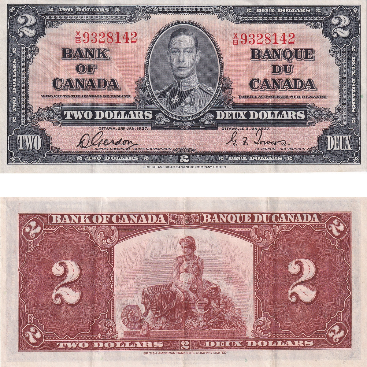 BC-22b 1937 Canada $2 Gordon-Towers, X/B, VF-EF (VF30)