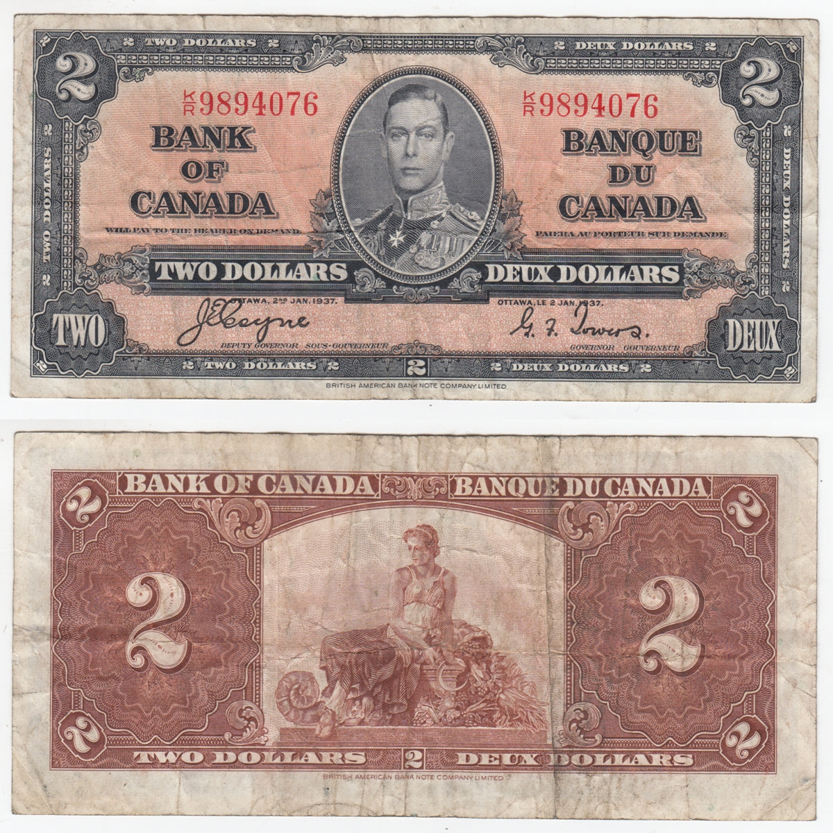 BC-22c 1937 Canada $2 Coyne-Towers, K/R, VF