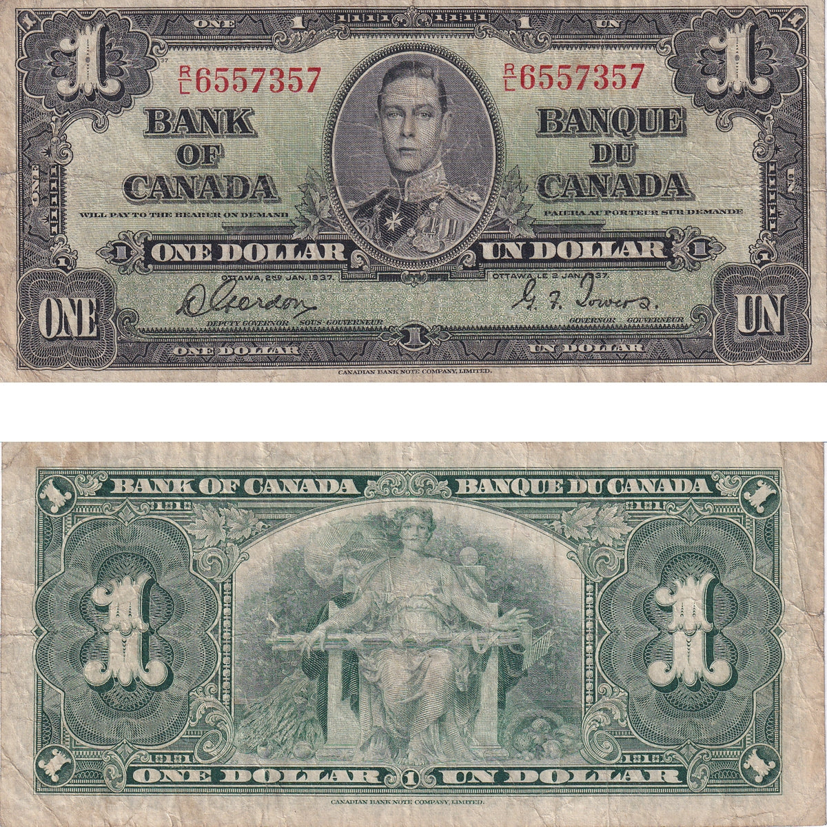 BC-21c 1937 Canada $1 Gordon-Towers, R/L, VG-F (VG10)