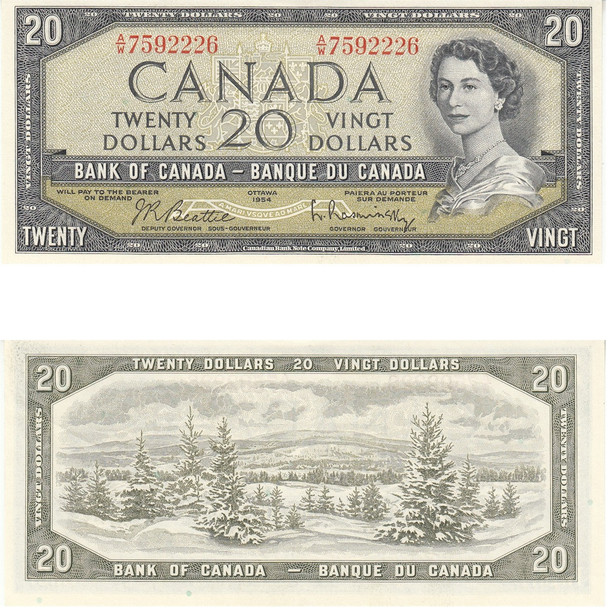 BC-41b 1954 Canada $20 Beattie-Rasminsky, A/W, Uncirculated (MS60)