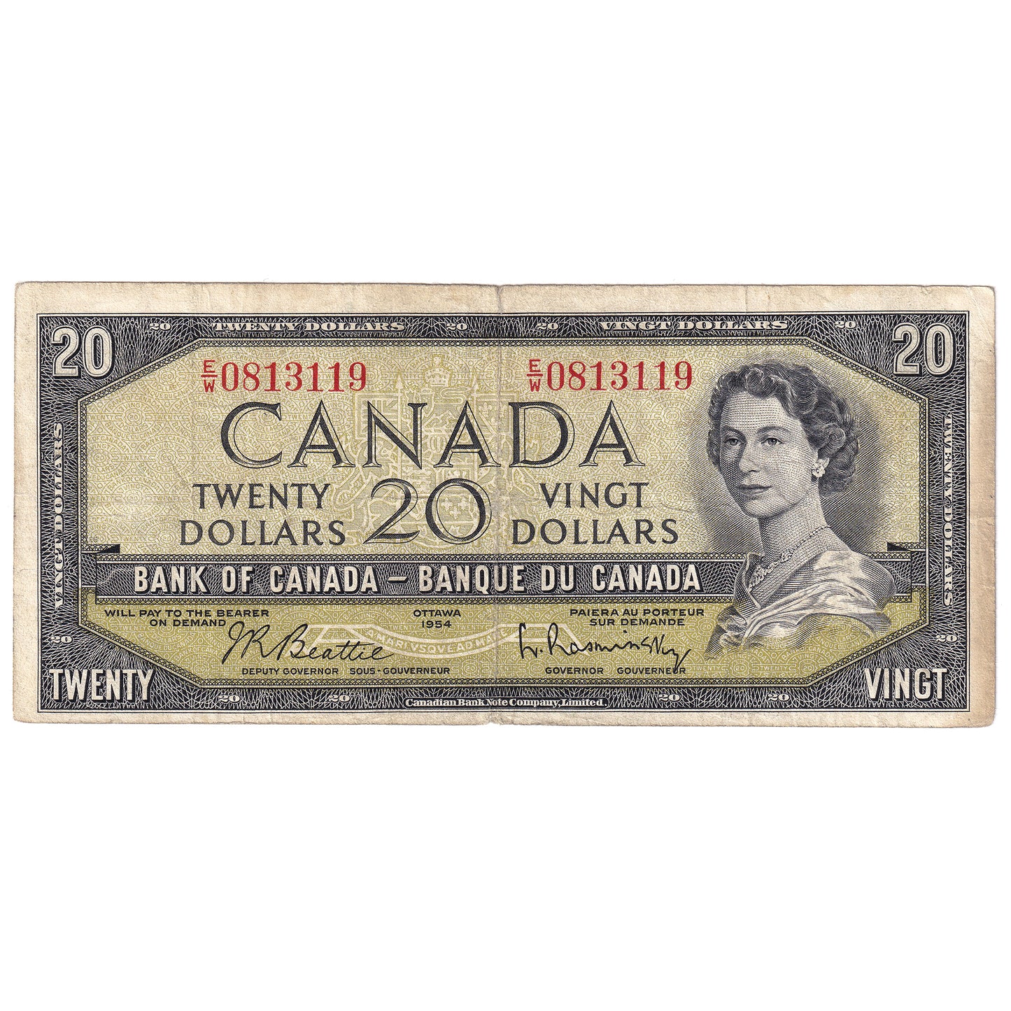 BC-41b 1954 Canada $20 Beattie-Rasminsky, E/W, circ