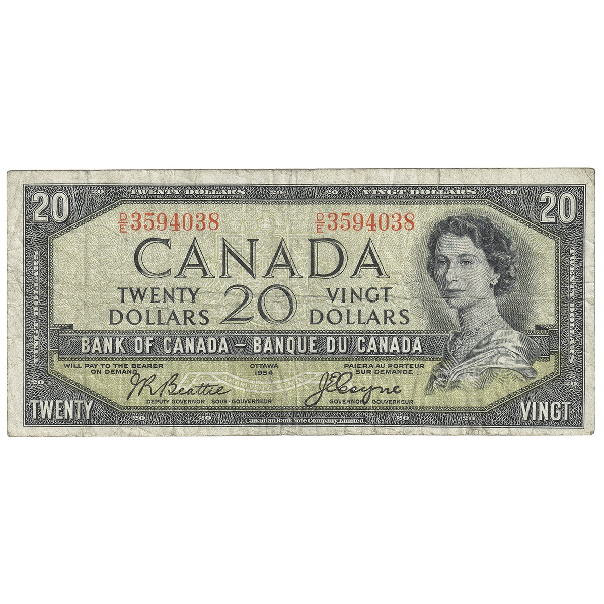 BC-41b 1954 Canada $20 Beattie-Rasminsky, G/W, F-VF