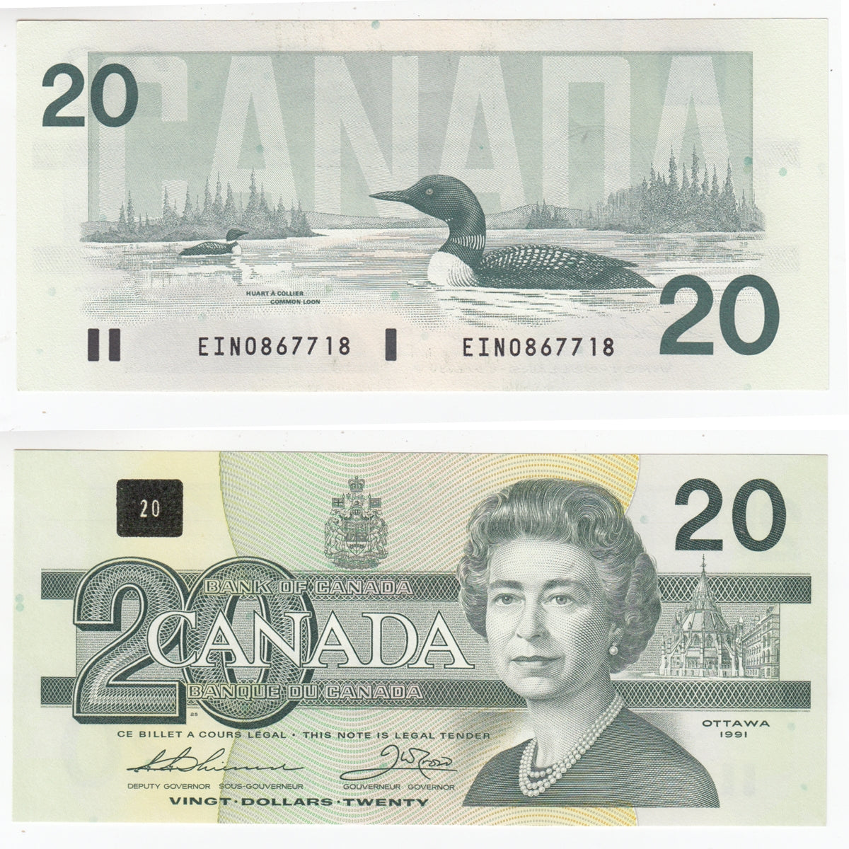 BC-58a-i 1991 Canada $20 Thiessen-Crow, EIN, Almost Uncirculated (AU50)
