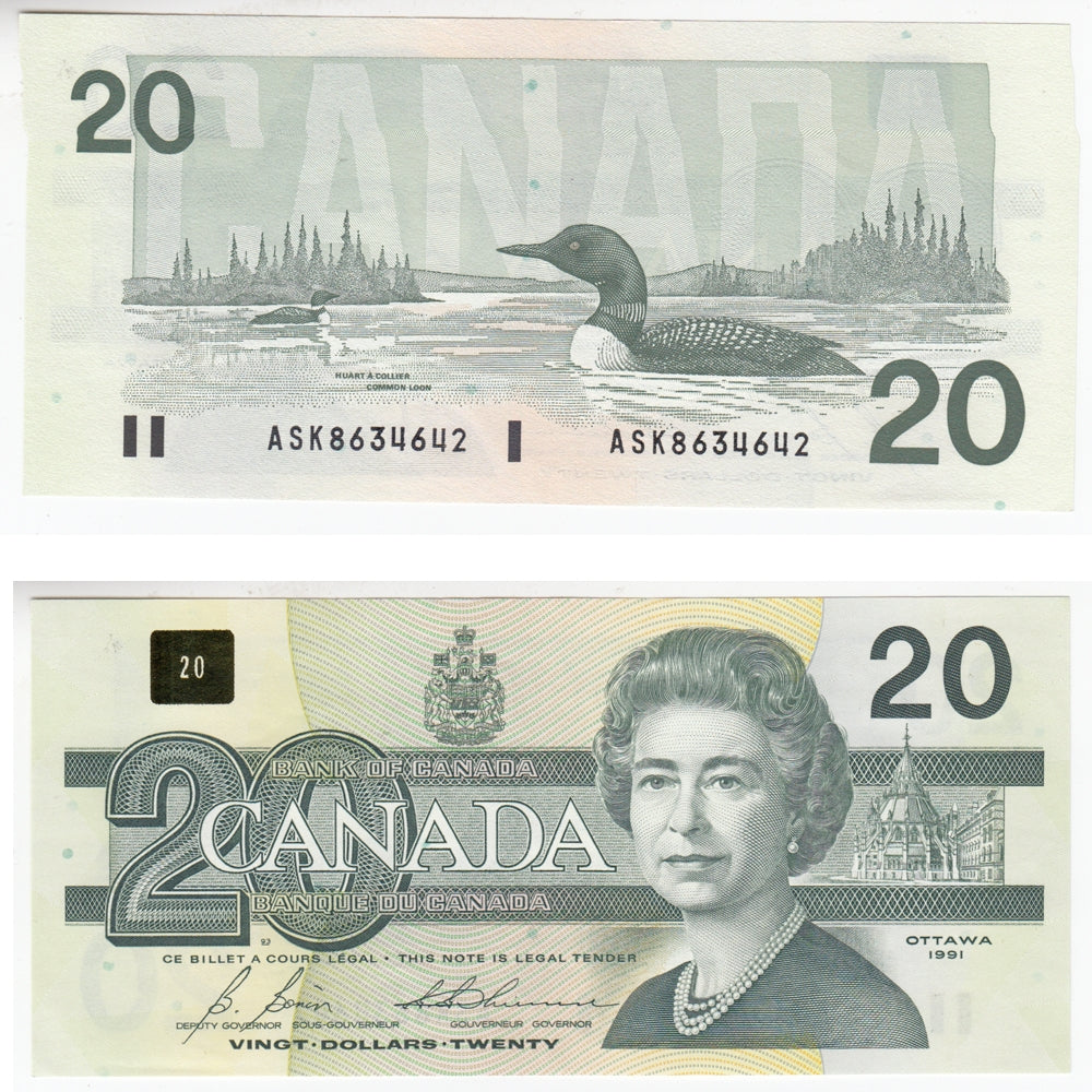 BC-58b-i 1991 Canada $20 Bonin-Thiessen, ASK, Almost Uncirculated (AU50)