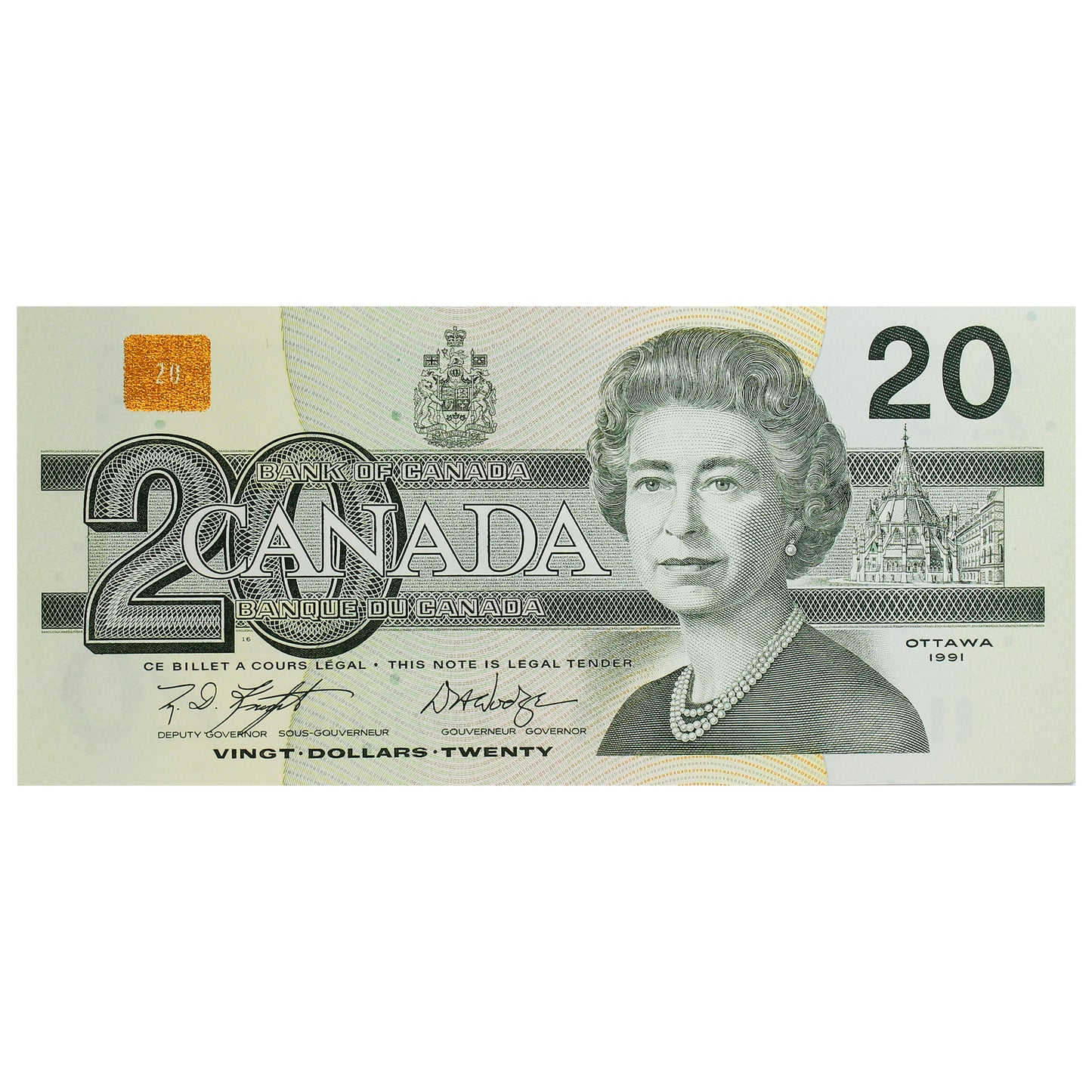 BC-58d 1991 Canada $20 Knight-Dodge, EWW, Almost Uncirculated (AU50)