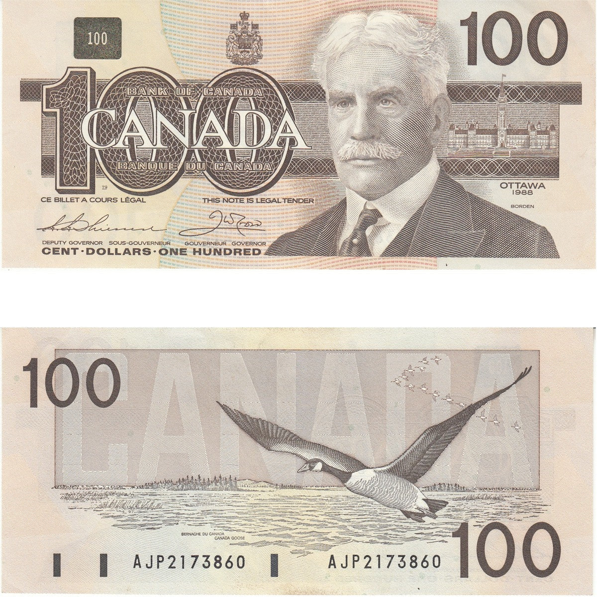 BC-60a 1988 Canada $100 Thiessen-Crow, AJP, Almost Uncirculated (AU50)