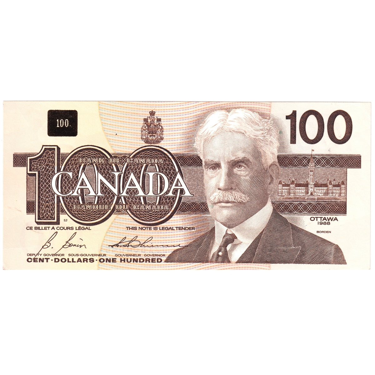 BC-60b 1988 Canada $100 Bonin-Thiessen, BJI, AU-UNC
