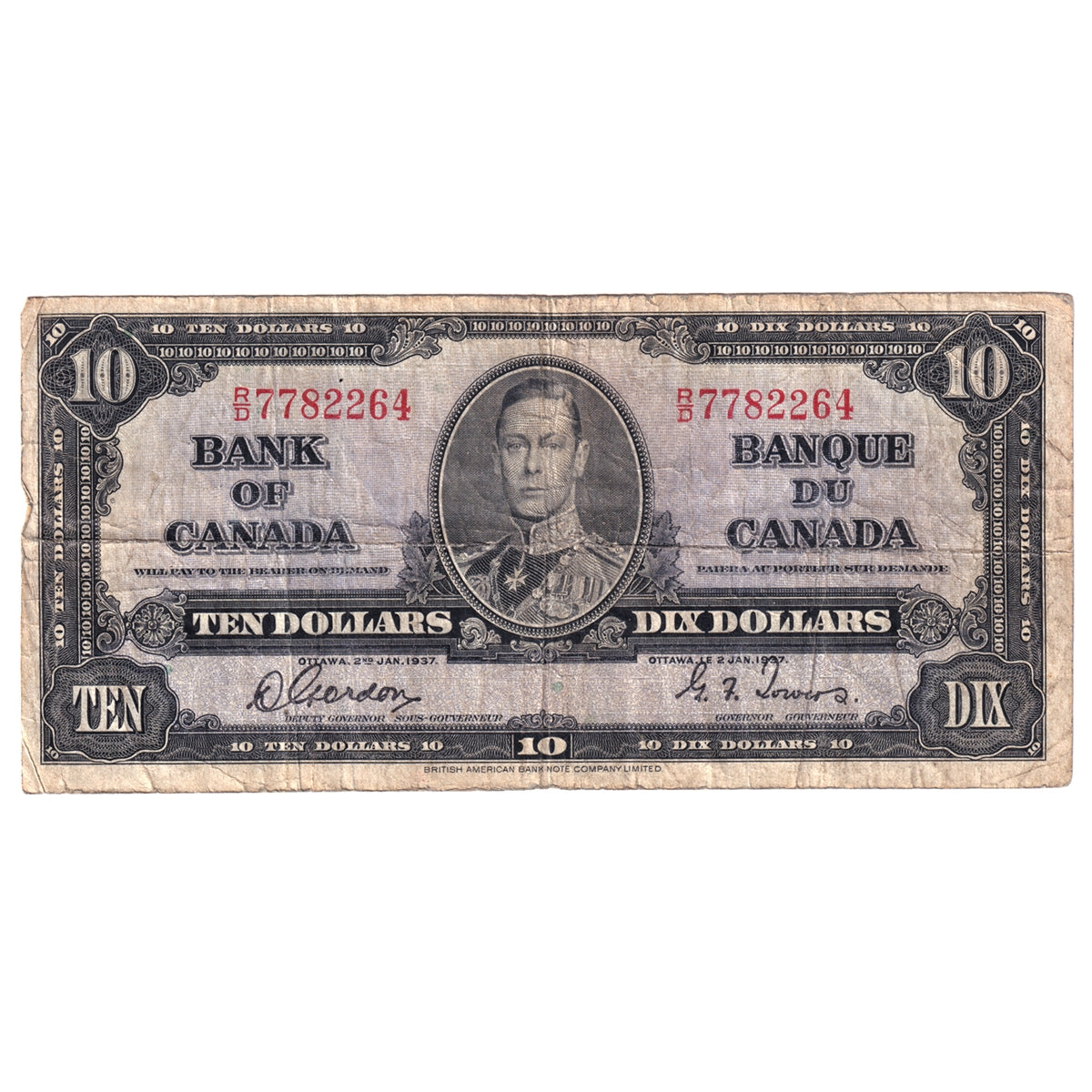 BC-24b 1937 Canada $10 Gordon-Towers, R/D, VG