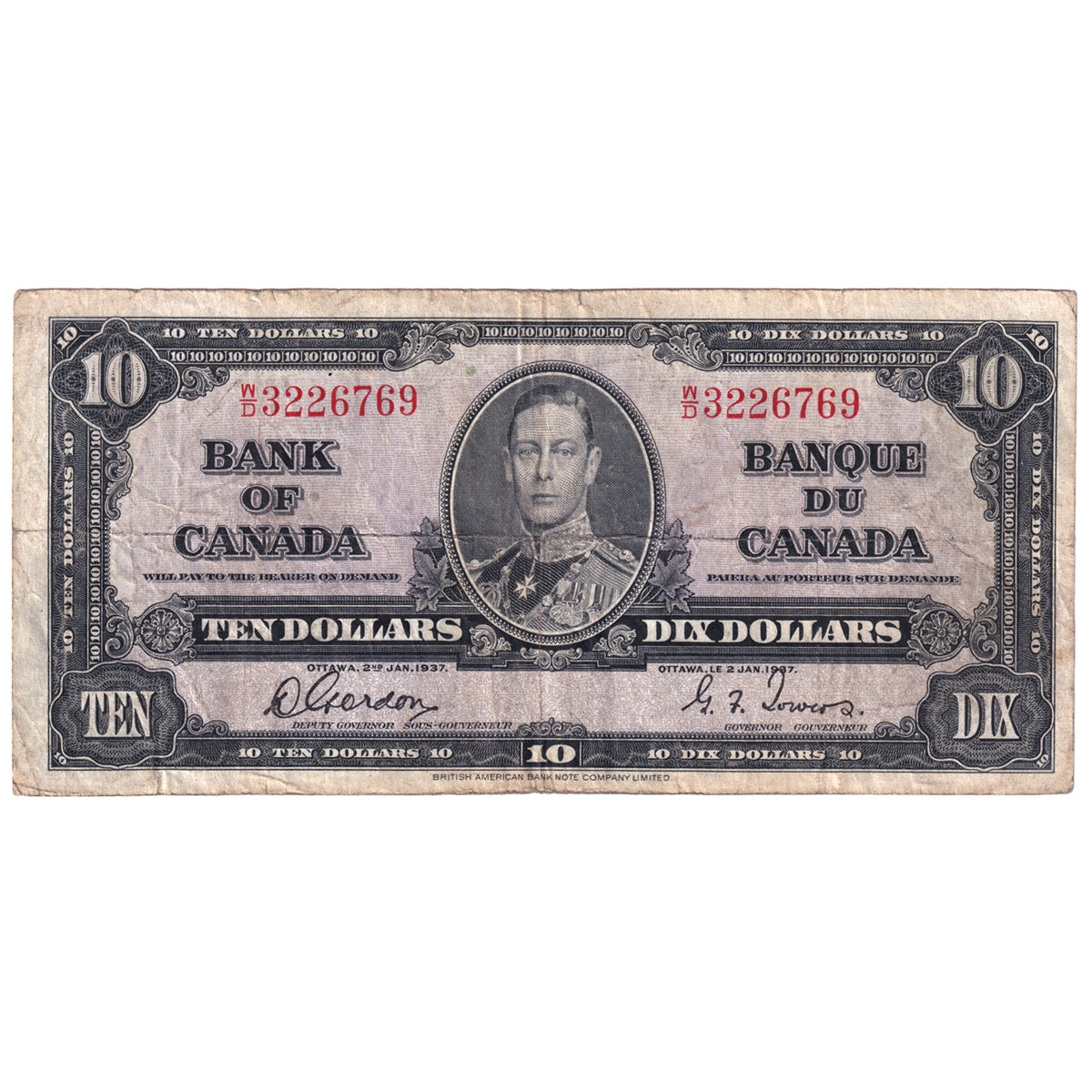 BC-24b 1937 Canada $10 Gordon-Towers, W/D, Circ