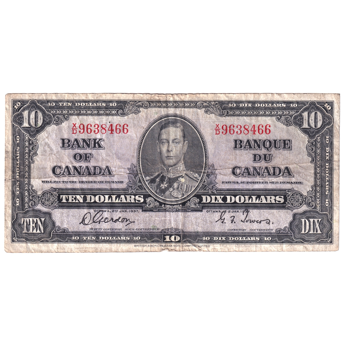 BC-24b 1937 Canada $10 Gordon-Towers, X/D, F