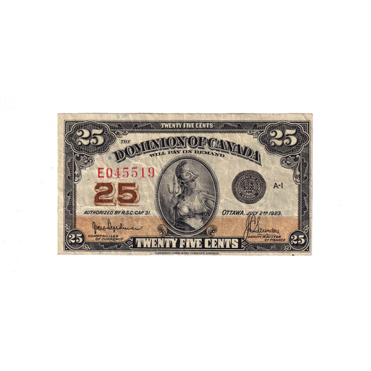 DC-24a 1923 Dominion 25 cent Shinplaster Hyndman-Saunders, Authorized, VF