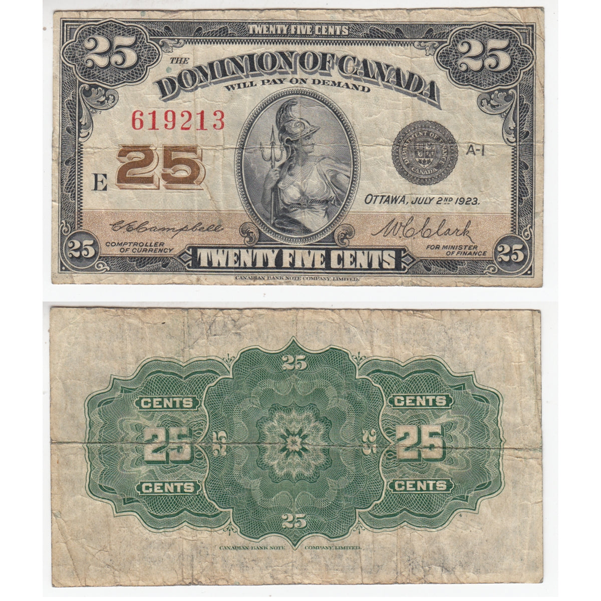 DC-24d 1923 Dominion 25 cent Shinplaster Campbell-Clark, Fine (F12)