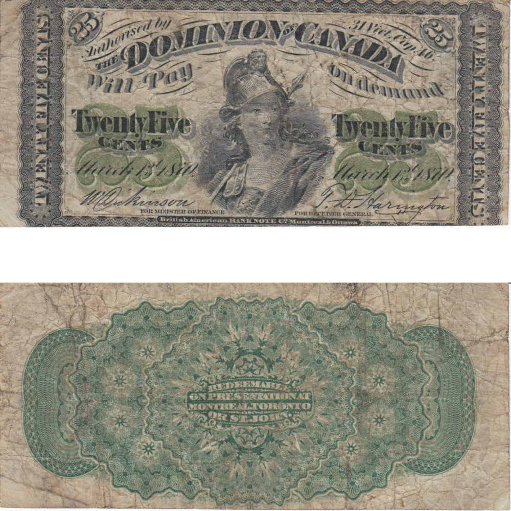 DC-1c 1870 Dominion 25 cent Shinplaster Dickinson-Harington, Plain Series, VG-F